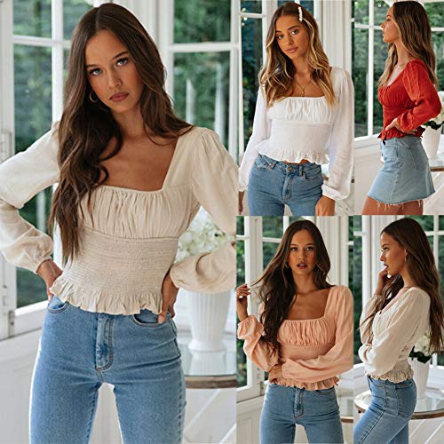 Blusa Camisa Mujer con Mangas Largas Puff Cuello Cuadrado Elástico con Encaje Casual Elegante (Beige, L)