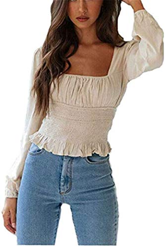 Blusa Camisa Mujer con Mangas Largas Puff Cuello Cuadrado Elástico con Encaje Casual Elegante (Beige, L)