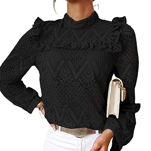 Blusa de mujer de encaje elegante vintage de manga larga cuello alto para primavera/otoño Negro XXL