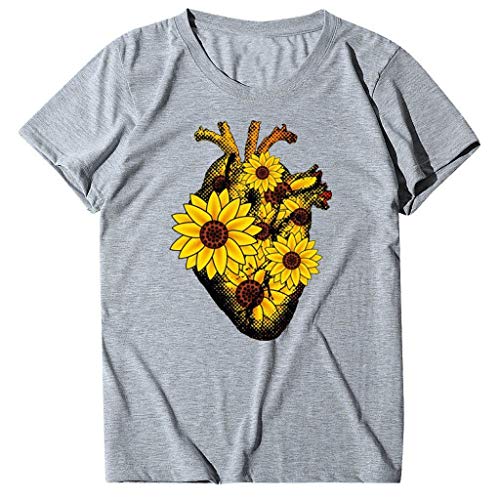 Blusa de Mujer Lenfesh Summer, Moda para Mujer, Cuello Redondo Salvaje, patrón de Girasol, Manga Corta, Camiseta Casual para Mujer