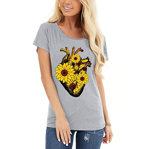 Blusa de Mujer Lenfesh Summer, Moda para Mujer, Cuello Redondo Salvaje, patrón de Girasol, Manga Corta, Camiseta Casual para Mujer
