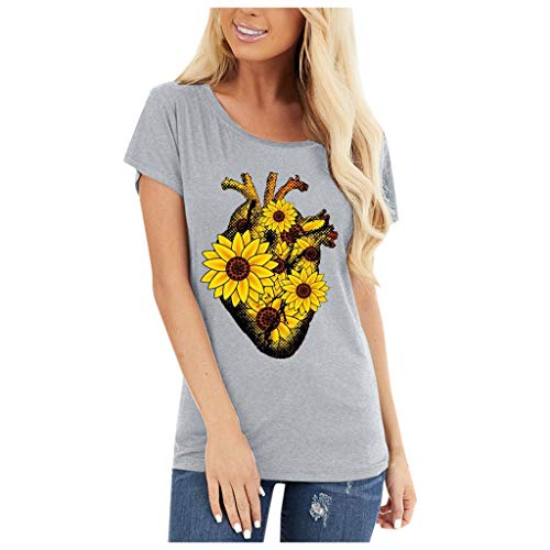 Blusa de Mujer Lenfesh Summer, Moda para Mujer, Cuello Redondo Salvaje, patrón de Girasol, Manga Corta, Camiseta Casual para Mujer