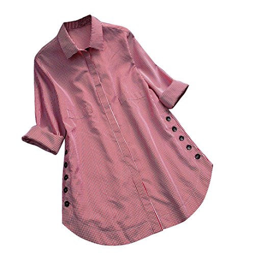 Blusa de Mujer Sexy Covermason Camisa de Manga Larga de Las Mujeres del botón del Enrejado de la Camisa de Las Tapas Ocasionales Flojas Blusa del tamaño Extra Grande(5XL, Red)