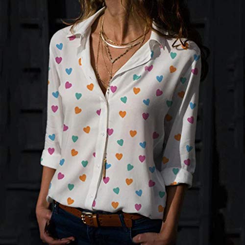 Blusa de Mujer,Verano Corazón Impresión Blusa Elegante Color sólido Manga Corta Blusa Camisa de Oficina Cuello en v Camiseta Tops Casual Fiesta T-Shirt Original tee vpass (Blanco, S)