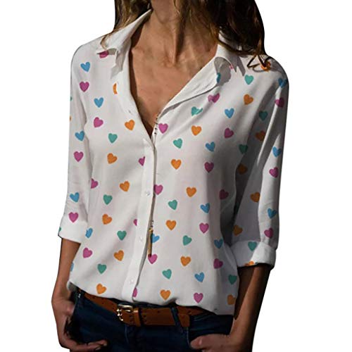 Blusa de Mujer,Verano Corazón Impresión Blusa Elegante Color sólido Manga Corta Blusa Camisa de Oficina Cuello en v Camiseta Tops Casual Fiesta T-Shirt Original tee vpass (Blanco, S)