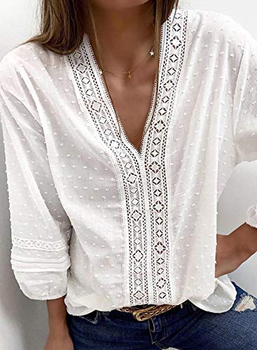 Blusa de Puntos suizos y de Color Liso para Mujer, con Cuello de Pico y Mangas 3/4, de Estilo Informal, Color Blanco y diseño Holgado, para Viajes y Vacaciones, cómoda y Transpirable