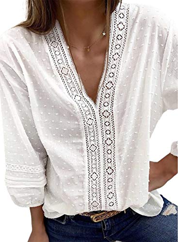 Blusa de Puntos suizos y de Color Liso para Mujer, con Cuello de Pico y Mangas 3/4, de Estilo Informal, Color Blanco y diseño Holgado, para Viajes y Vacaciones, cómoda y Transpirable