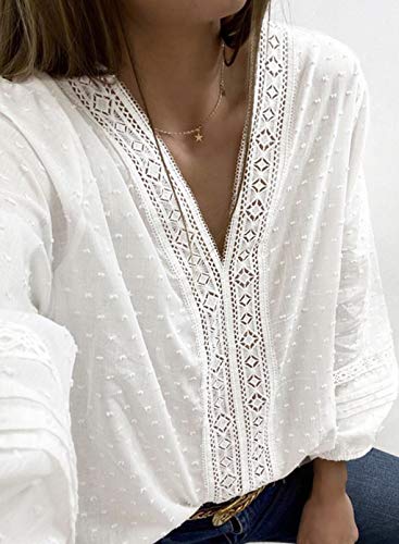 Blusa de Puntos suizos y de Color Liso para Mujer, con Cuello de Pico y Mangas 3/4, de Estilo Informal, Color Blanco y diseño Holgado, para Viajes y Vacaciones, cómoda y Transpirable