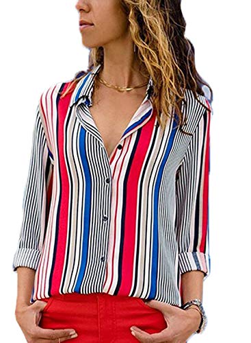 Blusa Mujer Casual De Rayas Camiseta De Gasa Camisa Mangaes Largas Elegante Colorido a Rayas Cuello V Camisas Tops C Rojo ES 44