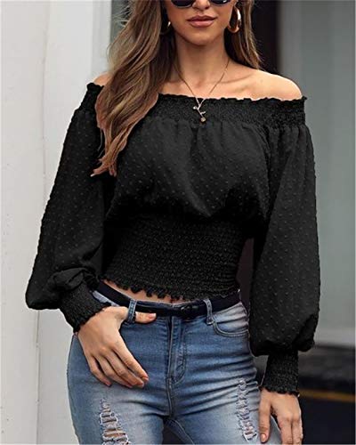 Blusa Mujer Top Fuera del Hombro Camiseta Escote Barco con Mangas Largas Lunares Hinchados Elegante (Negro, L)