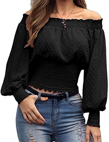 Blusa Mujer Top Fuera del Hombro Camiseta Escote Barco con Mangas Largas Lunares Hinchados Elegante (Negro, L)