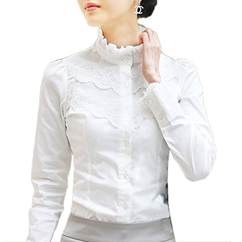 Blusa para mujer Nonbrand, de mangas largas, de invierno, diseño con encaje, estilo victoriano y vintage, para la oficina Blanco blanco Talla 38 (Talla del fabricante: M)