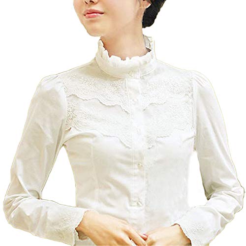 Blusa para mujer Nonbrand, de mangas largas, de invierno, diseño con encaje, estilo victoriano y vintage, para la oficina Blanco blanco Talla 38 (Talla del fabricante: M)