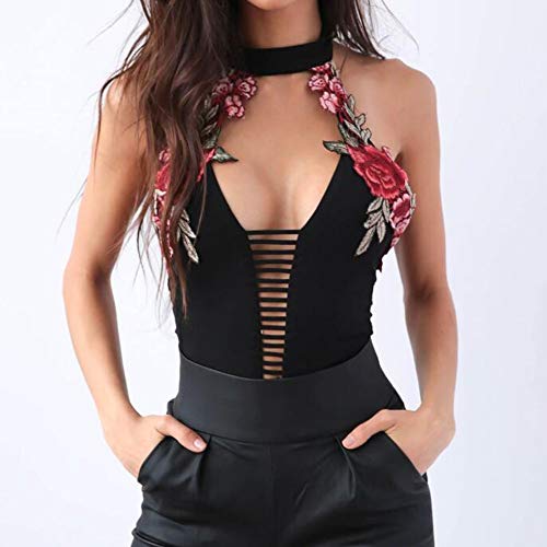 Body De Las Mujeres Sin Mangas con Cuello En V Halter Bordado Estirar Fajas Lencería Básica Leotardo Mono Fiesta Top Moda Joven Festivo (Color : Negro, Size : S)