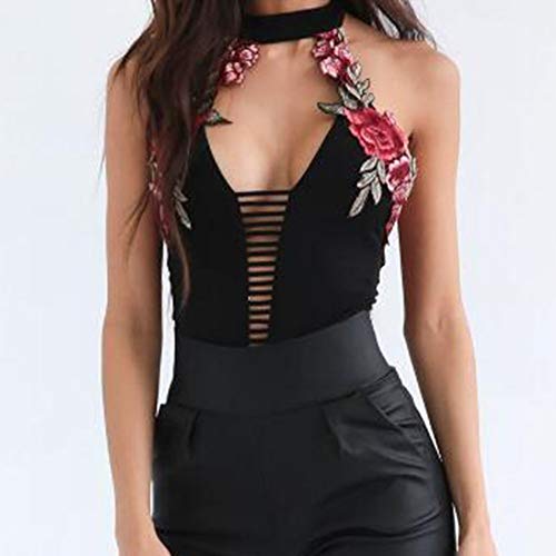 Body De Las Mujeres Sin Mangas con Cuello En V Halter Bordado Estirar Fajas Lencería Básica Leotardo Mono Fiesta Top Moda Joven Festivo (Color : Negro, Size : S)