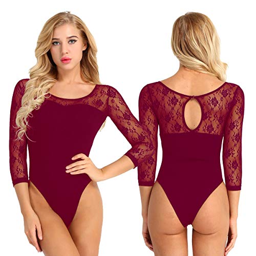 Body De Manga Larga para Damas con 3 4 Mangas Camiseta De Encaje Camisetas Monos De Una Pieza Lencería Debajo De La Cálida SH (Color : Winered, Size : L(Bust79cm))
