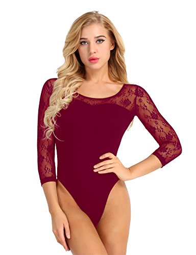 Body De Manga Larga para Damas con 3 4 Mangas Camiseta De Encaje Camisetas Monos De Una Pieza Lencería Debajo De La Cálida SH (Color : Winered, Size : L(Bust79cm))