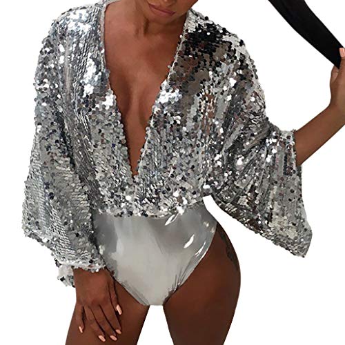 Body Mujer Fiesta Manga Larga, Bodies de Lentejuelas Sexy v Cuello Tops Body de Mujer de Vestir Bodi Elegantes