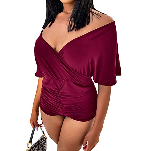 Bodycon Sexy con Cuello En V Y Cordón para Mujer, Mono De Manga Corta con Murciélago, para Club De Fiesta O Uso Diario,5,M