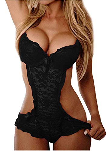 BodyGo V profunda de una pieza atractiva de la muñeca Conjunto ingerie Ace Teddy Body Camisas ropa de noche de la ropa interior para Mujer la Negro