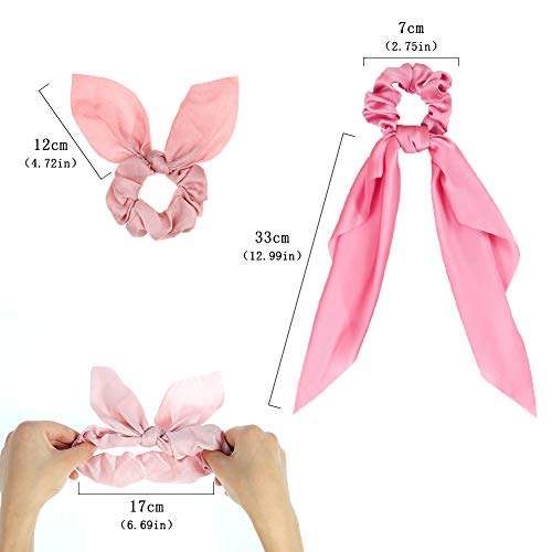 Bolonbi - 17 coleteros de satén con lazo para cabello, gomas para el pelo con diseño de orejas de conejo tamaño largo y corto, accesorio elástico para coleta o moño