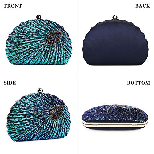 Bolso de Fiesta Pequeña Pavo Real Elegante Noche Diamantes de imitación Clutch con Cuentas Monedero del Banquete Bolso de Boda Cocktail,Azul