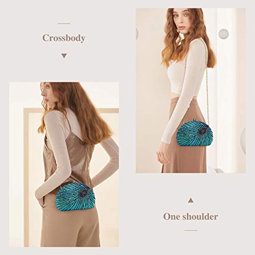 Bolso de Fiesta Pequeña Pavo Real Elegante Noche Diamantes de imitación Clutch con Cuentas Monedero del Banquete Bolso de Boda Cocktail,Azul