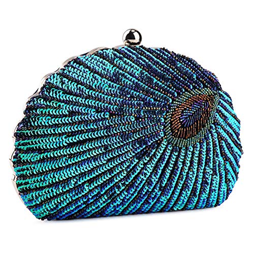 Bolso de Fiesta Pequeña Pavo Real Elegante Noche Diamantes de imitación Clutch con Cuentas Monedero del Banquete Bolso de Boda Cocktail,Azul