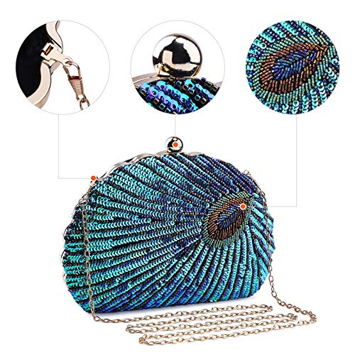 Bolso de Fiesta Pequeña Pavo Real Elegante Noche Diamantes de imitación Clutch con Cuentas Monedero del Banquete Bolso de Boda Cocktail,Azul