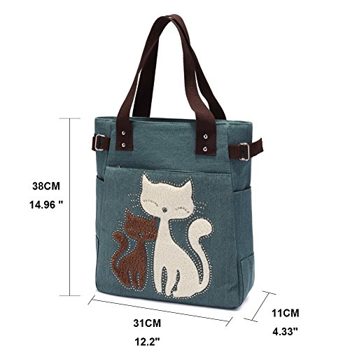 Bolso de Hombro de Las Mujeres con el Bolso de Compras Lindo del Ocio de la Lona del Gato por KAUKKO (Ejercito Verde)
