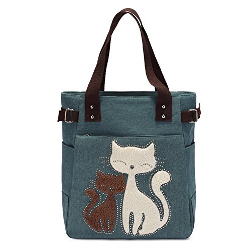 Bolso de Hombro de Las Mujeres con el Bolso de Compras Lindo del Ocio de la Lona del Gato por KAUKKO (Ejercito Verde)