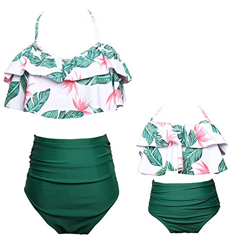Bonfor Bikini Niña 2-12 años & Bikinis Mujer 2021 Brasileños Braga Alta Marca Volantes - Ropa de Baño Madre e Hija, Tajes de Baño de Dos Piezas (Verde~a, M)