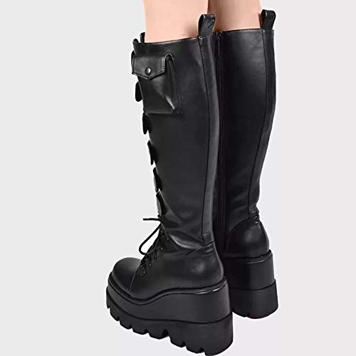 Botas Mujer Altas Rodilla Estilo Motero Invierno Rebajas Baratas Militar de Piel Hebilla de Moto Elegantes Trekking Antideslizante