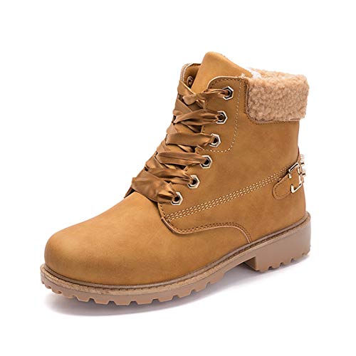 Botas Nieve Mujer Otoño Invierno Calentar Piel Forro Botines Retro Snow Boots Cordones Zapatillas Planas Caqui 39