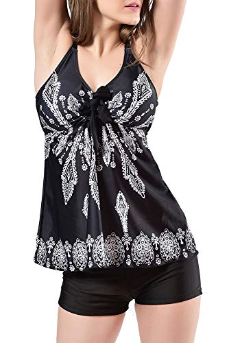 BOZEVON Mujer Tallas Grandes Bañador - Acolchado Traje de Baño Tankini Falda Y Pantalones Cortos Conjuntos, Schwarz/(EU 42-44) 3XL