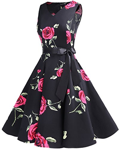 Bridesmay Vestido de Cóctel Fiesta Mujer Verano Años 50 Vintage Rockabilly Sin Mangas Pin Up Black Red Flower 4XL