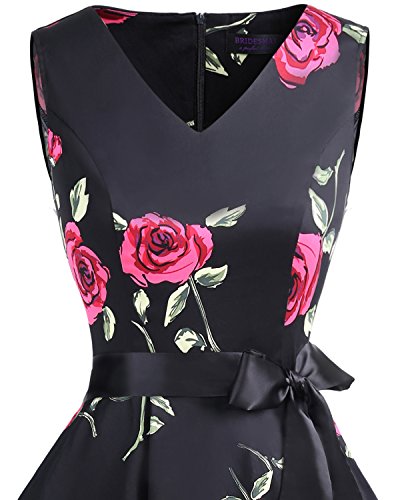 Bridesmay Vestido de Cóctel Fiesta Mujer Verano Años 50 Vintage Rockabilly Sin Mangas Pin Up Black Red Flower 4XL