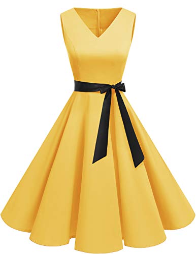 Bridesmay Vestido de Cóctel Fiesta Mujer Verano Años 50 Vintage Rockabilly Sin Mangas Pin Up Yellow 2XL