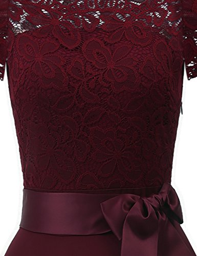 Bright Deer Vestido Sirena Encaje Hombros Caídos Midi de Fiesta Boda Noche Gala Cóctel con Ondas, Manga Corta y Bajo Asimétrico Mujer 46 XL Vino Rojo