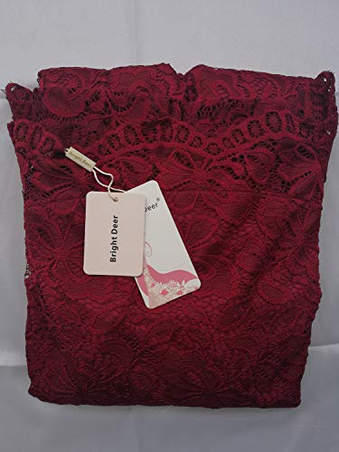 Bright Deer Vestido Sirena Encaje Hombros Caídos Midi de Fiesta Boda Noche Gala Cóctel con Ondas, Manga Corta y Bajo Asimétrico Mujer 46 XL Vino Rojo