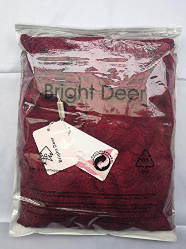 Bright Deer Vestido Sirena Encaje Hombros Caídos Midi de Fiesta Boda Noche Gala Cóctel con Ondas, Manga Corta y Bajo Asimétrico Mujer 46 XL Vino Rojo