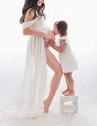 BUOYDM Embarazada Chifón Larga Vestido de Maternidad Split Vista Delantera Foto Shoot Dress Faldas Fotográficas de Maternidad Blanco S
