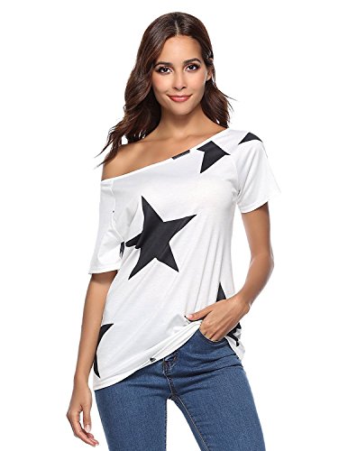 BUOYDM Mujer Camiseta de Fiesta Manga Corta Sin Tirantes Casual T-Shirt para Verano Blanco Medium