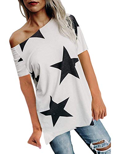 BUOYDM Mujer Camiseta de Fiesta Manga Corta Sin Tirantes Casual T-Shirt para Verano Blanco Medium