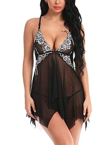 Bwer Lencería Sexy para Mujer Vestido de lencería de Encaje Tallas Grandes Sexo exótico Babydoll erótico Ropa de Dormir Pijamas de Disfraces, Rojo Vino, XXXL