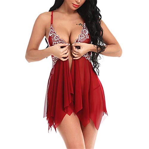 Bwer Lencería Sexy para Mujer Vestido de lencería de Encaje Tallas Grandes Sexo exótico Babydoll erótico Ropa de Dormir Pijamas de Disfraces, Rojo Vino, XXXL