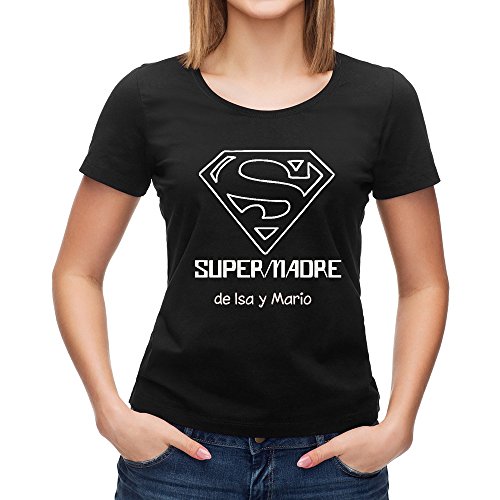 Calledelregalo Regalo para Madres Personalizable: Camiseta 'SuperMadre' Personalizada con el Nombre o Nombres Que tú Quieras (Negro)