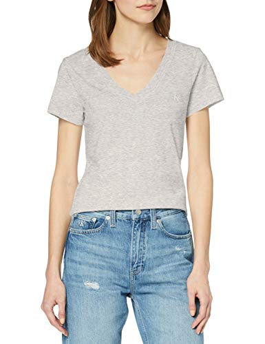 Calvin Klein CK Embroidery Stretch V-Neck Camiseta, Gris (Light Grey Heather P), XL para Mujer