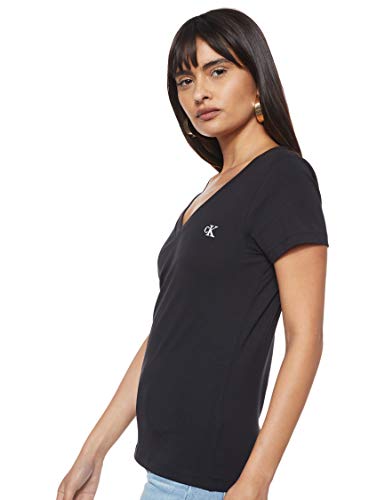 Calvin Klein Embroidery Stretch V-Neck Camiseta, Negro (CK Black Bae), M para Mujer