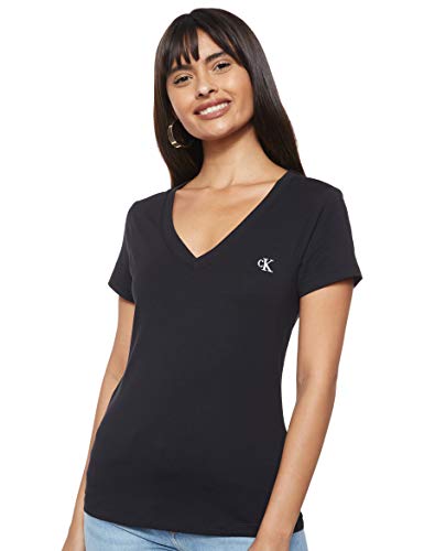 Calvin Klein Embroidery Stretch V-Neck Camiseta, Negro (CK Black Bae), M para Mujer